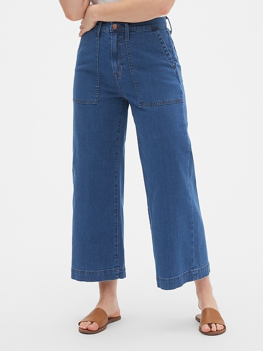 1 of 8 showing, with the color (Medium) Indigo of product High Rise Utility Wide-Leg Crop Jeans