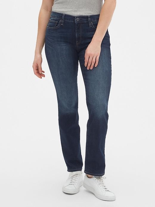 1 of 8 showing, with the color (Dark) Dark Indigo of product Mid Rise Classic Straight Jeans with Washwell™