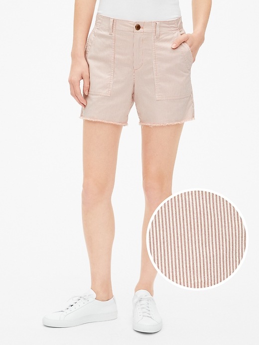 Image number 1 showing, Mid Rise Khaki Stripe Shorts with Raw Hem
