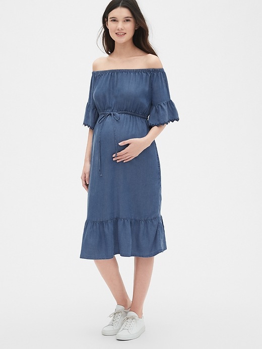 View large product image 1 of 1. Maternity Off-Shoulder Tiered Dress in TENCEL&#153