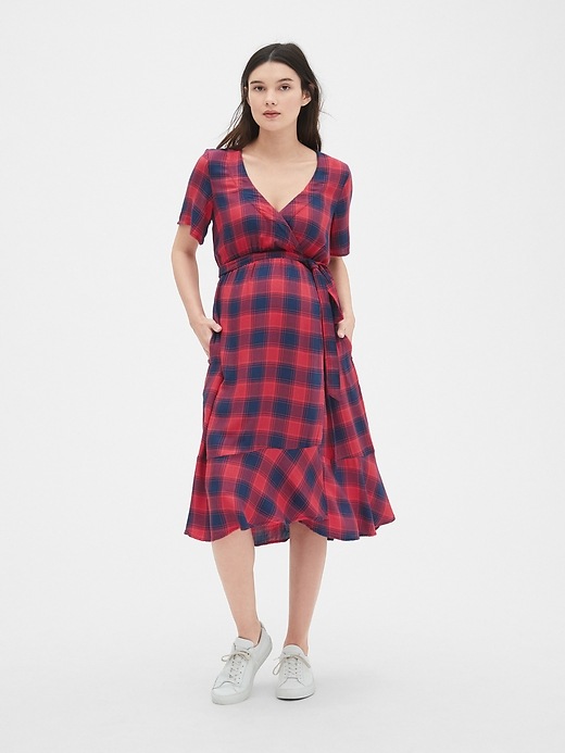 1 of 8 showing, with the color red plaid of product Maternity Plaid Midi Wrap Dress