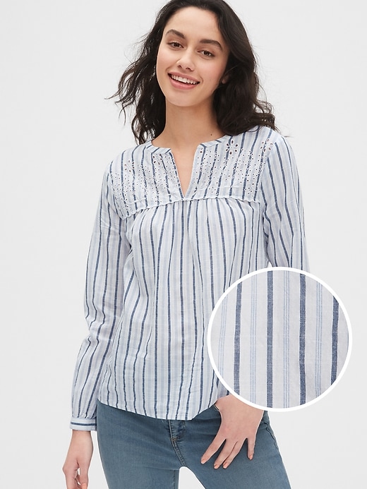 1 of 8 showing, with the color blue stripe of product Eyelet Embroidered Stripe Blouse