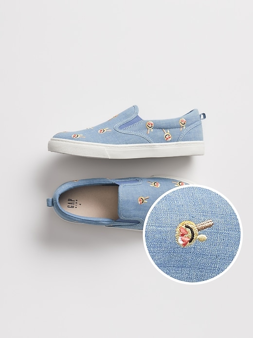 Image number 1 showing, Kids Embroidered Chambray Slip-On Sneakers