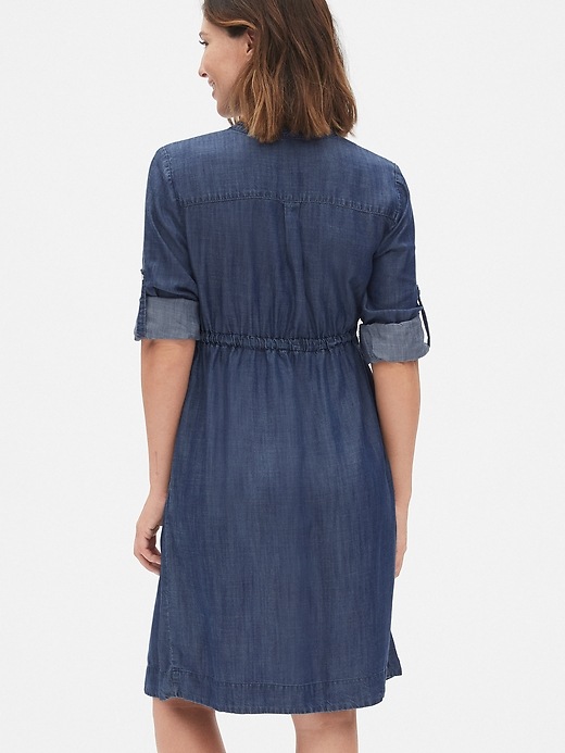 2 of 8 showing, with the color medium chambray of product Maternity Shirtdress in TENCEL™ Lyocell