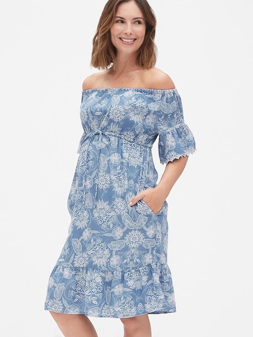 Image number 1 showing, Maternity Off-Shoulder Tiered Dress in TENCEL&#153