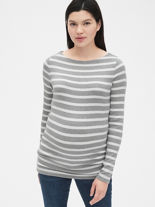 1 of 8 showing, with the color heather gray/white of product Maternity Modern Stripe Boatneck T-Shirt