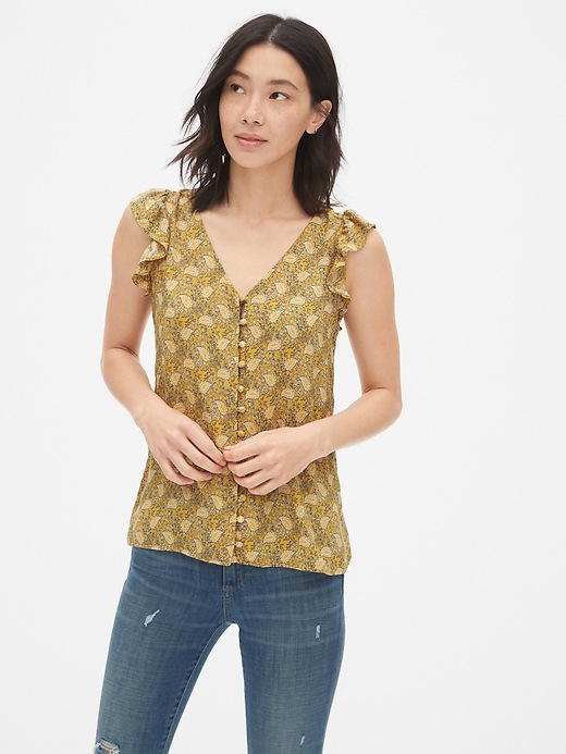 View large product image 1 of 1. Sleeveless Ruffle Button-Front Blouse
