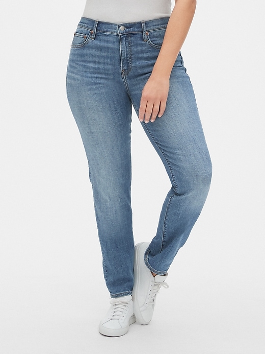 1 of 8 showing, with the color (Medium) Tinted Blue of product Mid Rise Classic Straight Jeans