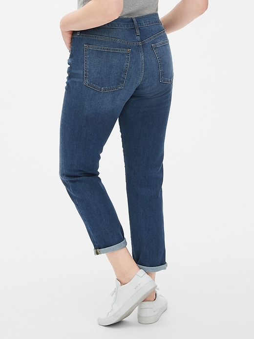 2 of 8 showing, with the color (Dark) Dark Indigo of product Mid Rise Girlfriend Jeans
