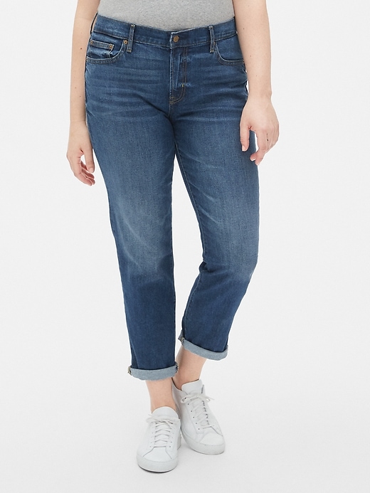 1 of 8 showing, with the color (Dark) Dark Indigo of product Mid Rise Girlfriend Jeans