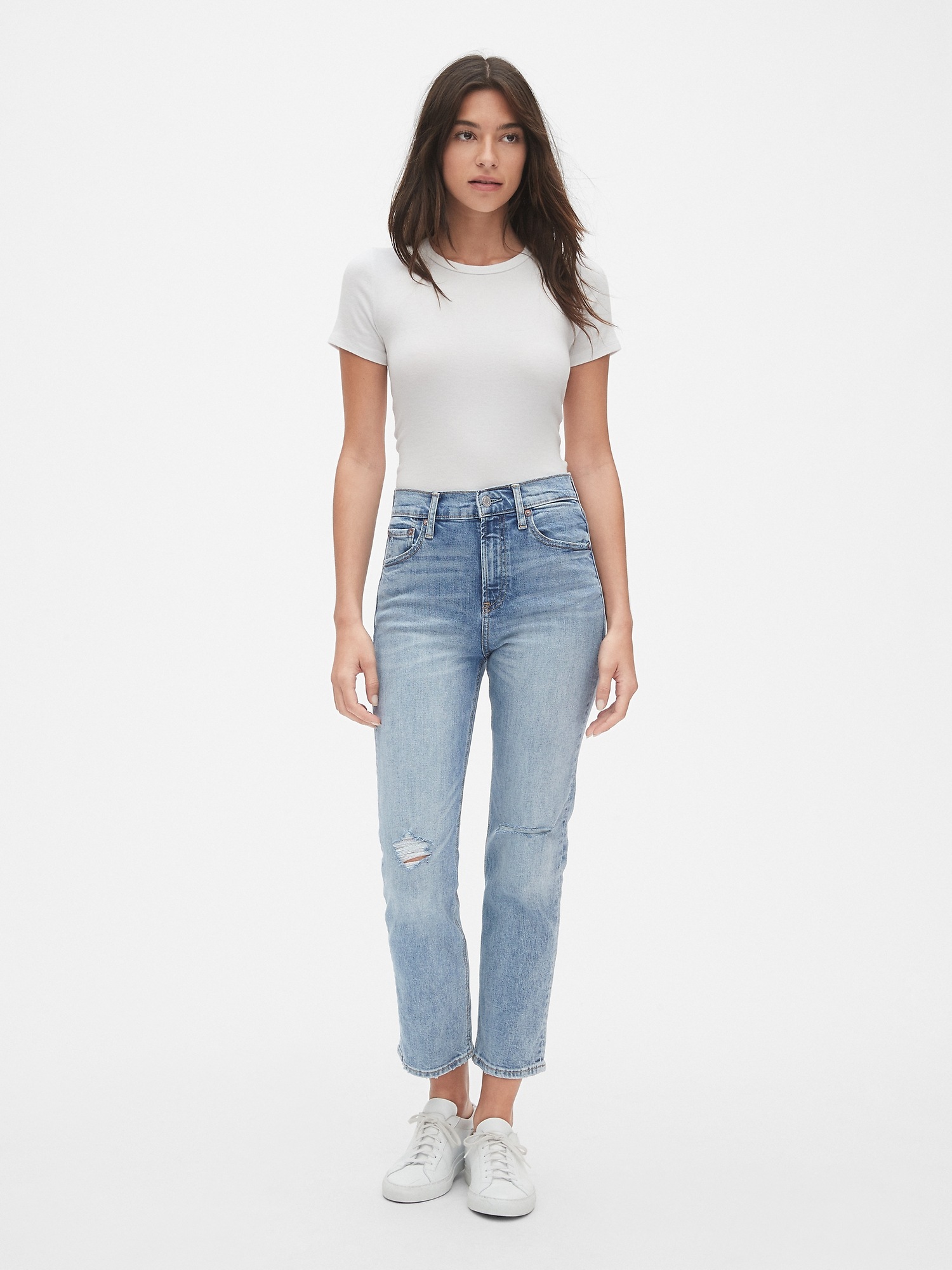High Rise Straight Jeans with Distressed Detail |