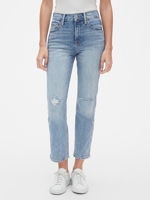 1 of 8 showing, with the color (Light) Light Indigo of product High Rise Cheeky Straight Jeans with Distressed Detail