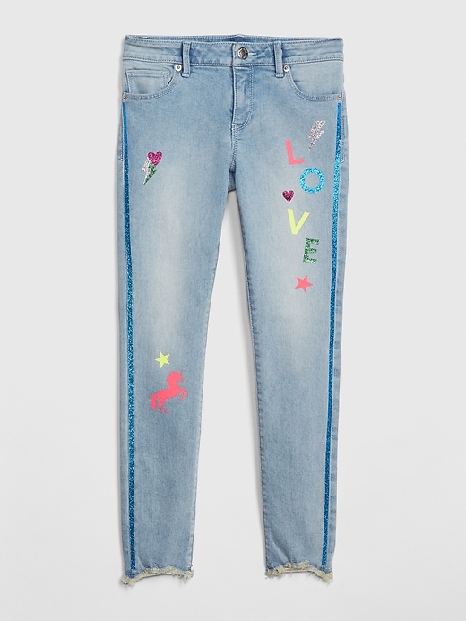 1 of 8 showing, with the color medium wash of product Kids Glitter Graphic Skinny Jeans with Stretch