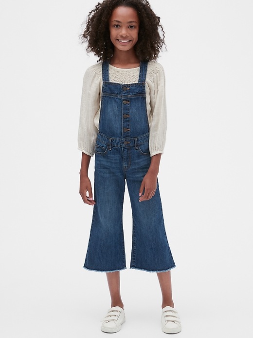 2 of 8 showing, with the color medium wash of product Kids Crop Wide-Leg Overalls