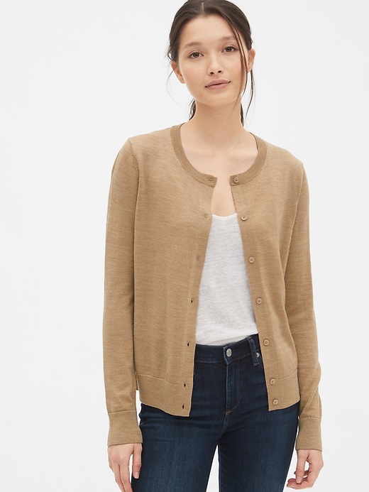 1 of 8 showing, with the color tan of product Cardigan Sweater in Merino Wool