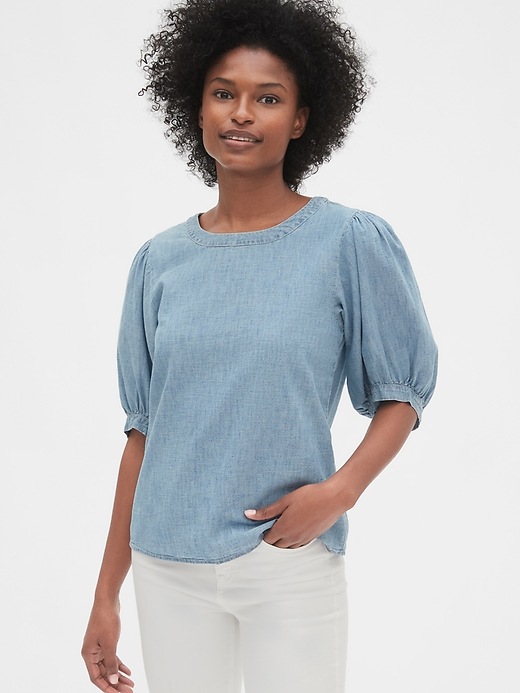Image number 1 showing, Chambray Puff Sleeve Top