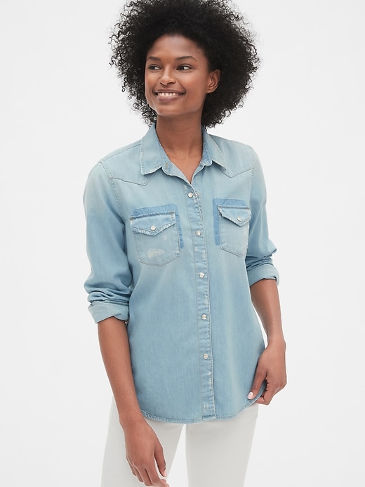 Image number 1 showing, Distressed Denim Western Shirt