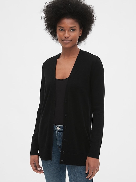 1 of 8 showing, with the color true black of product Boyfriend Cardigan in Merino Wool