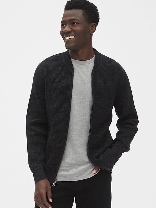View large product image 1 of 1. Textured Full-Zip Bomber Sweater