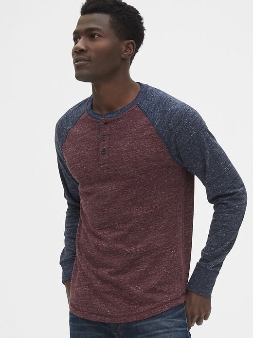1 of 8 showing, with the color maroon & navy blue colorblock of product Marled Henley