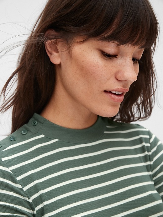 Stripe Cozy Ribbed Button-Shoulder T-Shirt | Gap