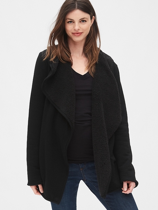 1 of 8 showing, with the color true black of product Maternity Reversible Sherpa-Lined Cardigan