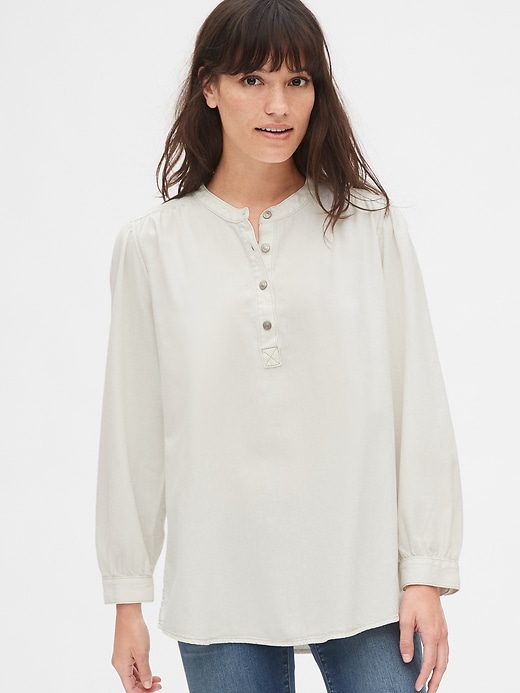 1 of 8 showing, with the color off white of product Shirred Denim Popover Shirt