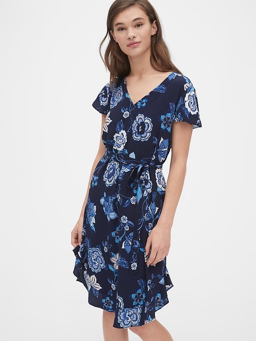 1 of 8 showing, with the color navy floral of product Flutter Sleeve V-Neck Dress