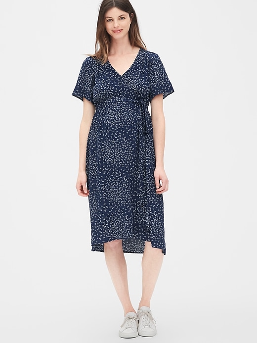 1 of 8 showing, with the color navy floral of product Maternity Print Faux-Wrap Dress