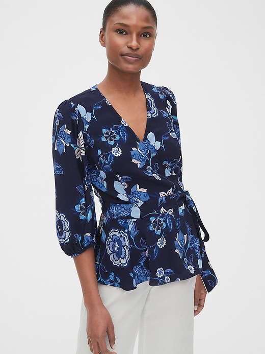 1 of 8 showing, with the color navy floral of product Print Wrap Blouse