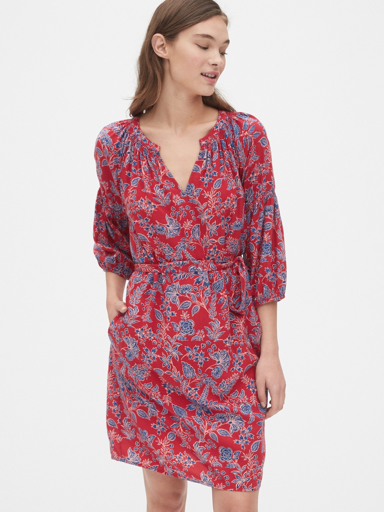 Print Peasant Sleeve Smock Dress Gap