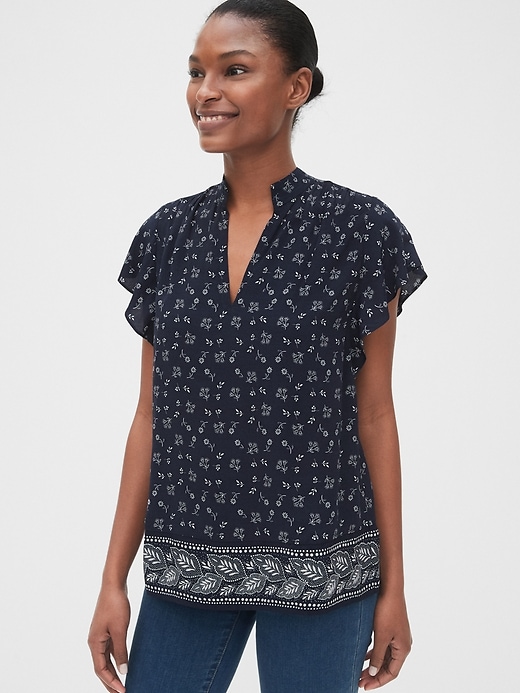 1 of 8 showing, with the color navy floral of product Print Flutter Sleeve V-Neck Top
