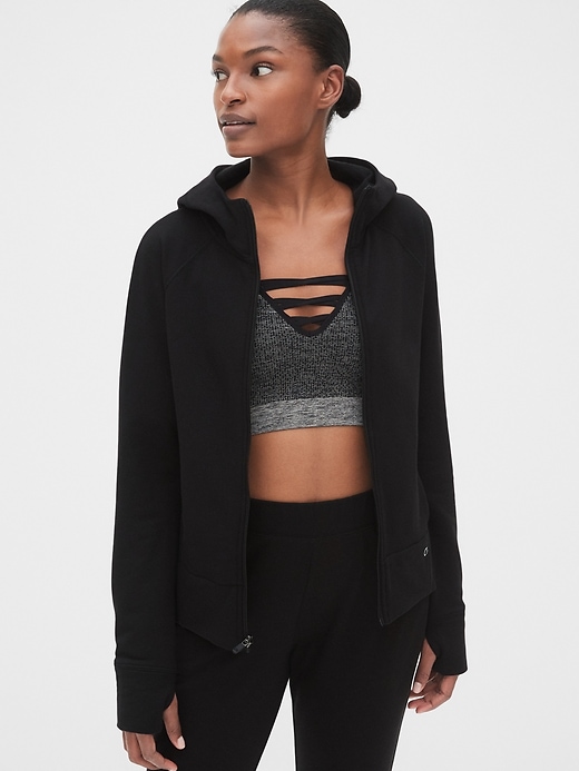 1 of 8 showing, with the color true black of product GapFit All Elements Hoodie