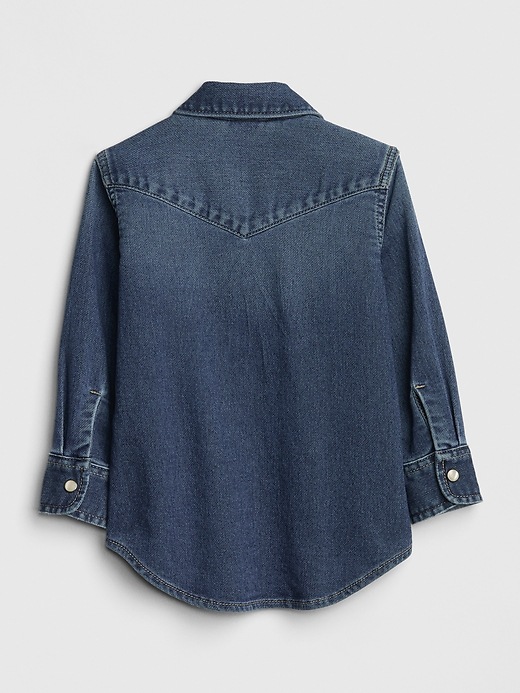 2 of 8 showing, with the color medium indigo of product Toddler Long Sleeve Denim Shirt