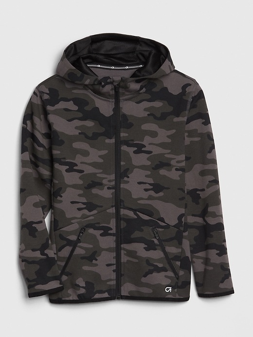 1 of 8 showing, with the color grey camo of product GapFit Kids Quick Dry Hoodie Sweatshirt