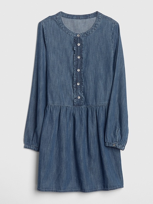 1 of 8 showing, with the color denim of product Kids Ruffle Denim Dress