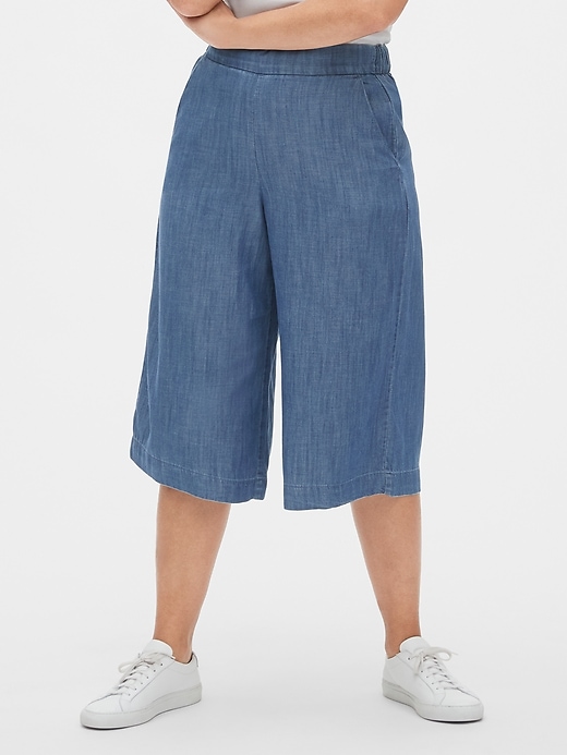 1 of 8 showing, with the color medium indigo of product High Rise Culottes in TENCEL™