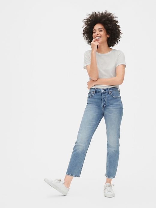 2 of 8 showing, with the color light destroy of product High Rise Cheeky Straight Jeans with Secret Smoothing Pockets