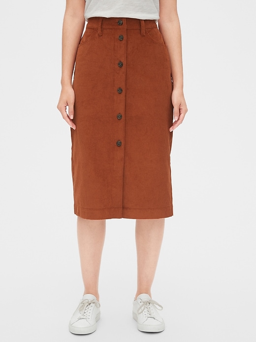1 of 8 showing, with the color copper spice brown of product Corduroy Button-Front Midi Skirt
