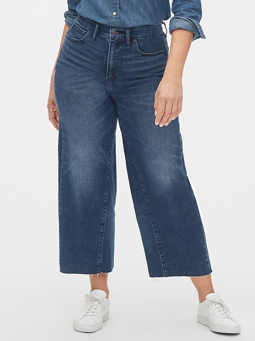 1 of 8 showing, with the color dark indigo of product High Rise Wide-Leg Crop Jeans with Secret Smoothing Pockets