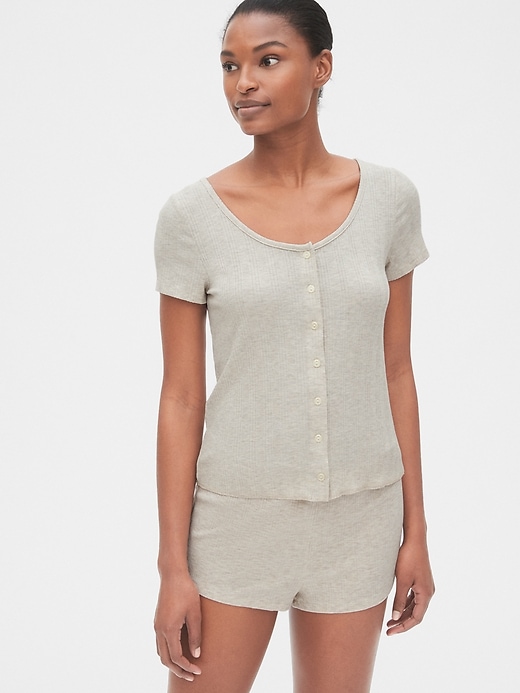 1 of 8 showing, with the color oatmeal heather of product Ribbed Button-Front T-Shirt