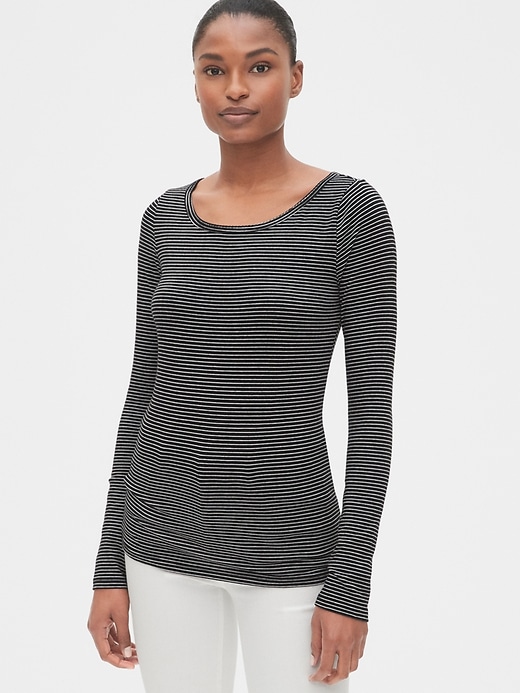 1 of 8 showing, with the color black & white stripe of product Featherweight Long Sleeve Scoopneck T-Shirt