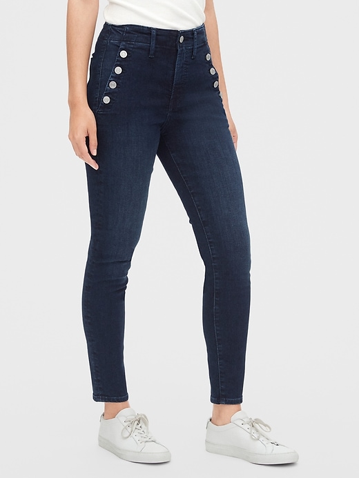 1 of 8 showing, with the color dark indigo of product High Rise True Skinny Sailor Ankle Jeans with Secret Smoothing Pockets