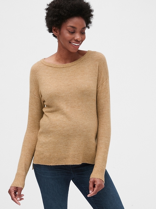 1 of 8 showing, with the color tan camel of product Maternity Side-Slit Boatneck Sweater Tunic