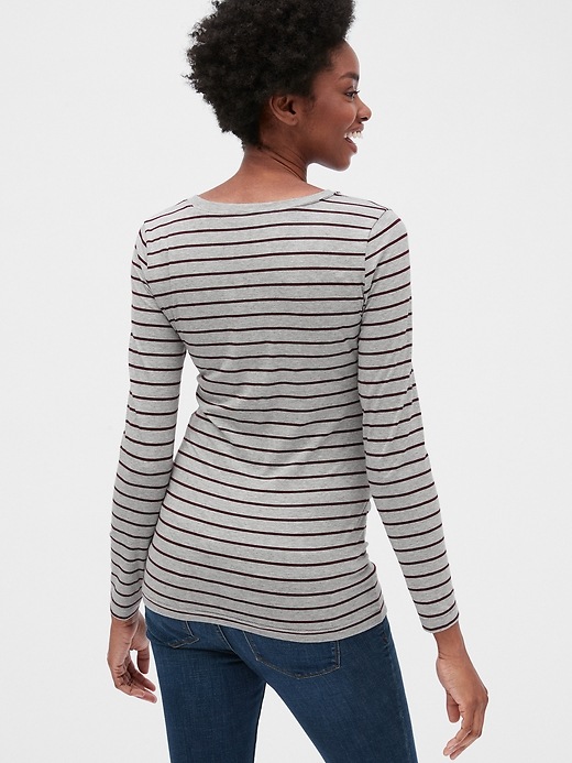 2 of 8 showing, with the color plum stripe of product Maternity Pure Body Stripe Long Sleeve Crewneck T-Shirt
