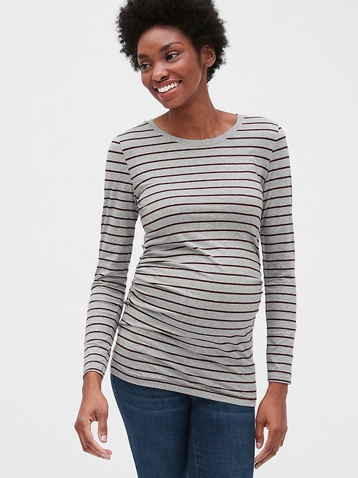 1 of 8 showing, with the color plum stripe of product Maternity Pure Body Stripe Long Sleeve Crewneck T-Shirt