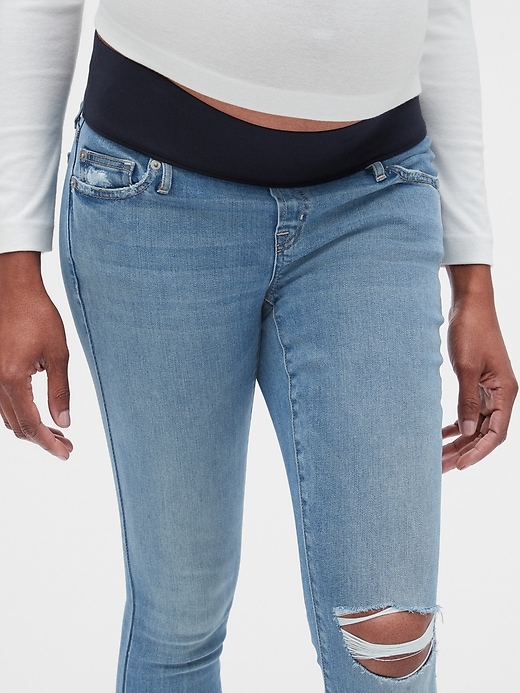 Image number 3 showing, Maternity Soft Wear Demi Panel True Skinny Jeans with Distressed Detail
