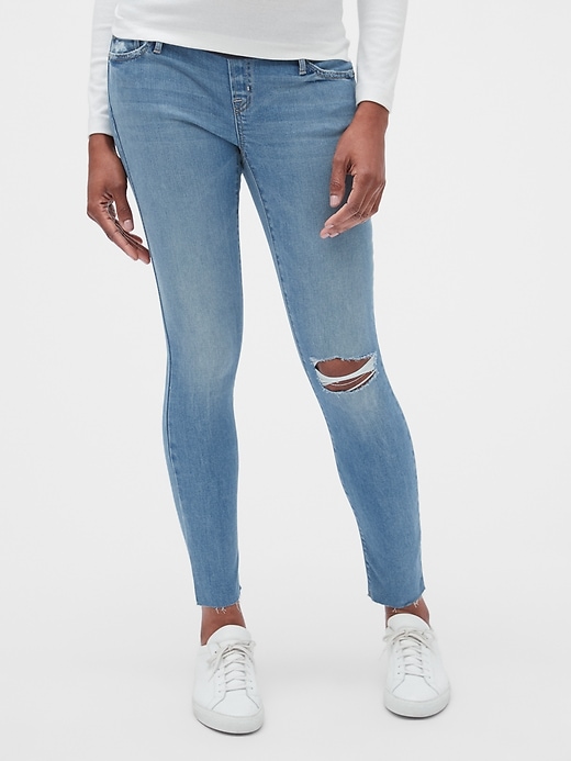 Image number 1 showing, Maternity Soft Wear Demi Panel True Skinny Jeans with Distressed Detail