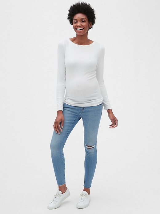Image number 4 showing, Maternity Soft Wear Demi Panel True Skinny Jeans with Distressed Detail