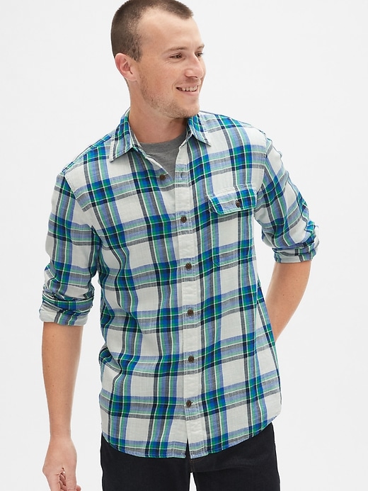 1 of 8 showing, with the color white/blue of product Slub Plaid Flannel Shirt in Standard Fit